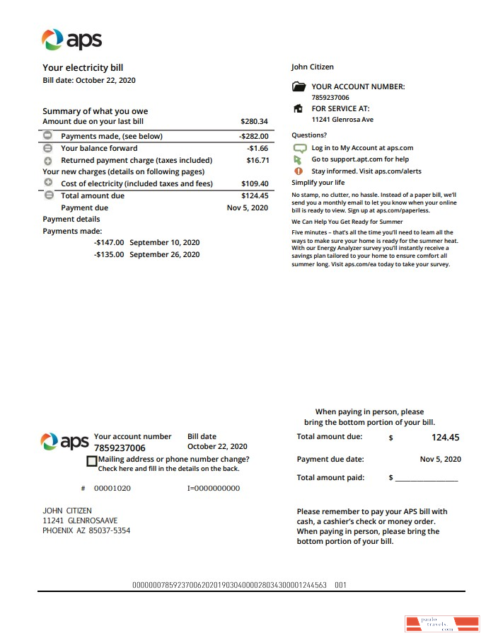 USA Arizona APS electricity proof of address utility bill template in Word and PDF format